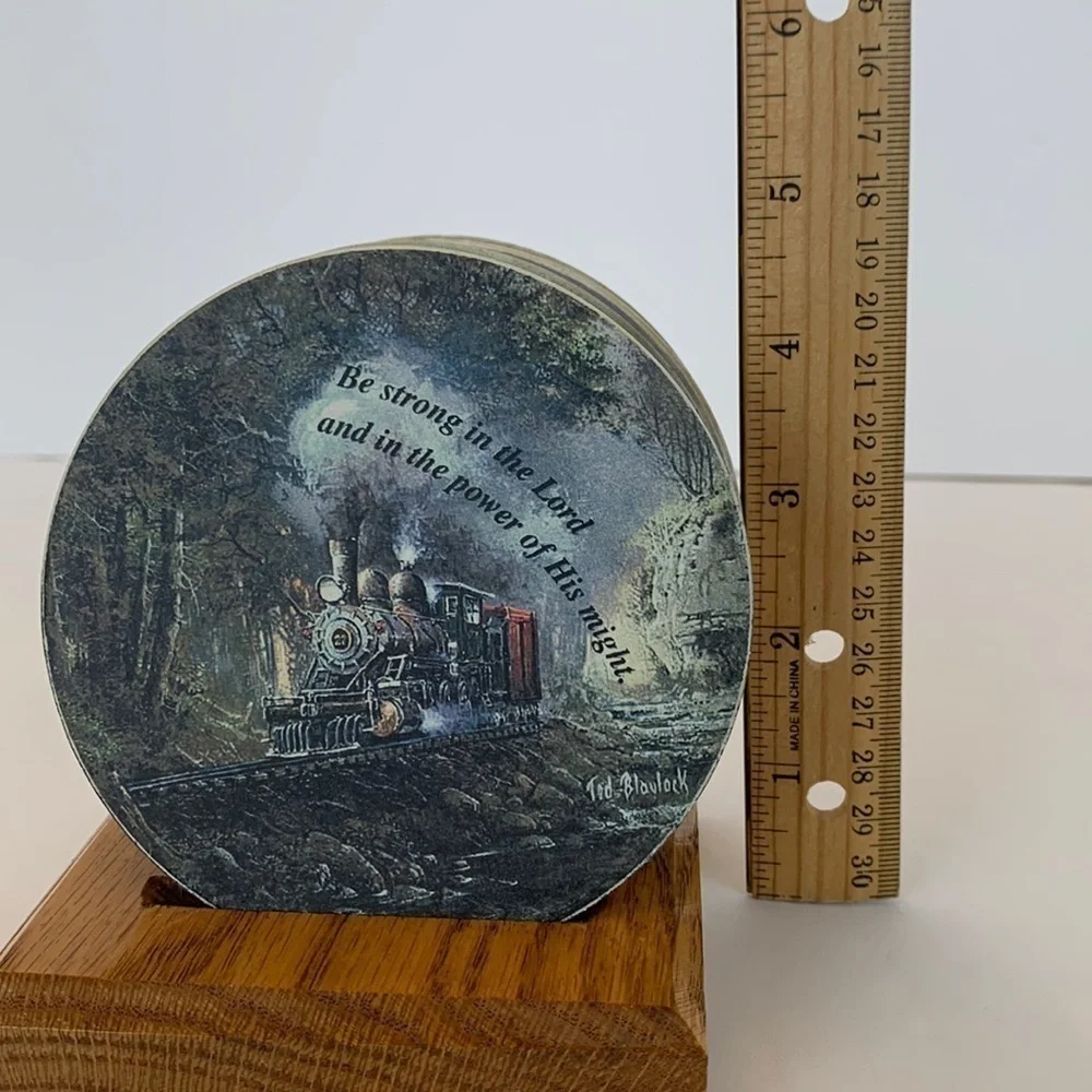 Coasters For‎ Drink Ceramic Ted Blaylock Set of 4 Steam Train Art & Bible Verses